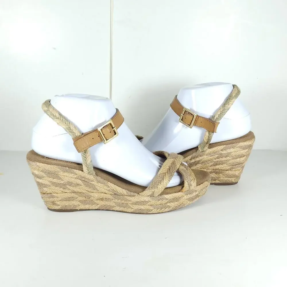 Tory Burch Camellia Women's US 8M Tan Jute Braided Rope Wedge Espadrilles